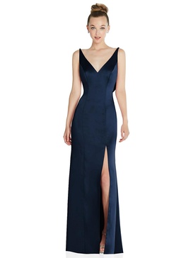 draped cowl-back princess line dress with front slit