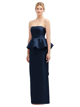 strapless satin maxi dress with cascade ruffle peplum detail