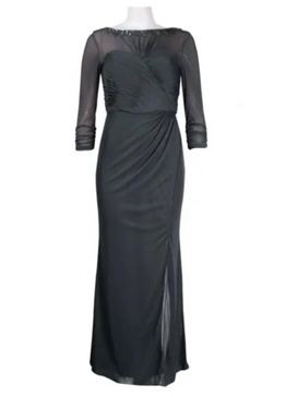 beaded sheer sleeve ruched gown in smoke