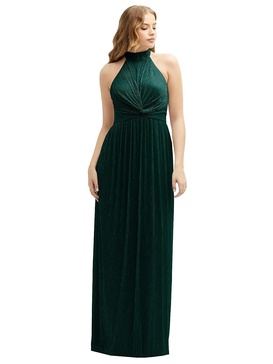 band collar halter open-back metallic pleated maxi dress