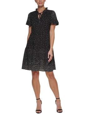 petites womens tie-neck mini shift dress