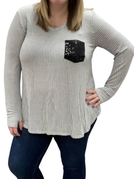 sequin pocket v-neck long sleeve tee in grey