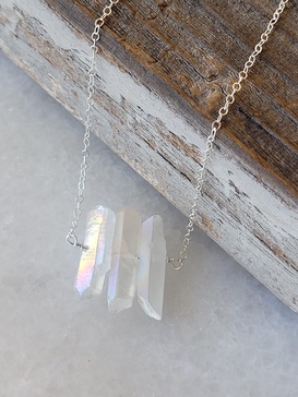 three raw rainbow quartz crystal pendant necklace in silver