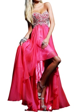 high-low strapless prom dress in strawberry