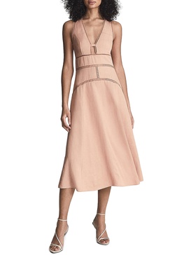 leena womens linen blend lace inset midi dress