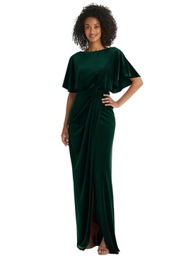 flutter sleeve open-back velvet maxi dress with draped wrap skirt