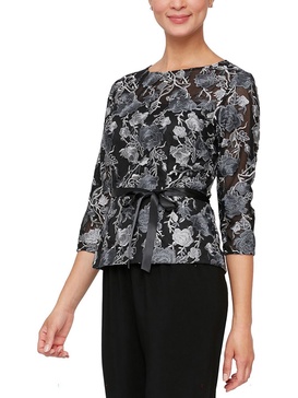 petites womens embroidered belted peplum top