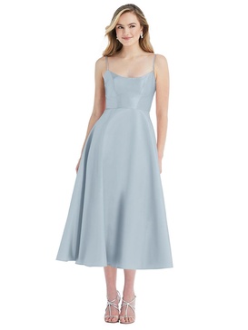 spaghetti strap full skirt satin midi dress