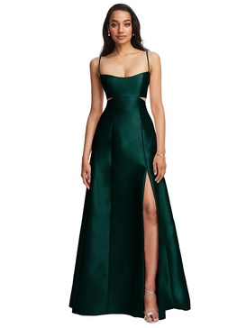 Womens Open Neckline Cutout Satin Twill A-Line Gown with Pockets