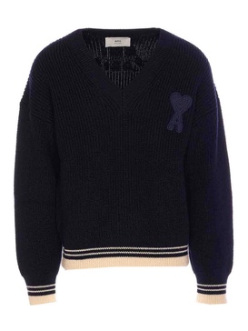 Si Blue Ribbed V Neck Sweater