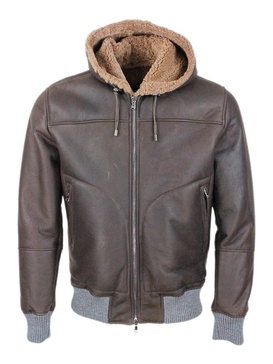 Shearling hooded jacket with ribbed cuffs
