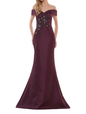 off shoulder gown in wine