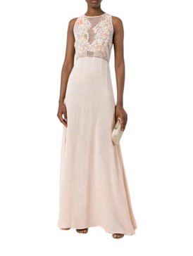 beaded embroidered lace bodice chiffon gown in peach