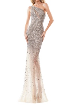 beaded bodice evening dress in silver