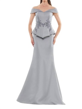 peplum off the shoulder gown in wedgewood