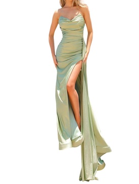 lycra fitted strapless slit gown in sage