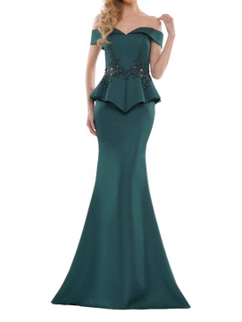 peplum off the shoulder gown in deep green