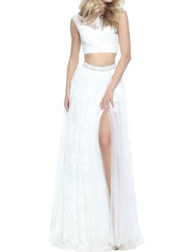 two-piece lace prom dress in ivory