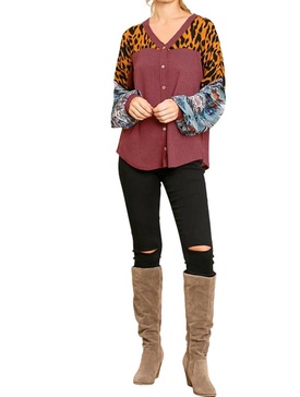 animal & aztec waffle knit top in berry
