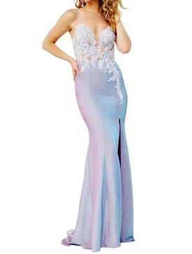 embroidered bodice fitted prom dress in lilac