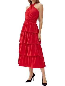 eleanor halter tiered midi dress in crimson red