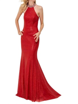 sequin halter prom dress in hot red
