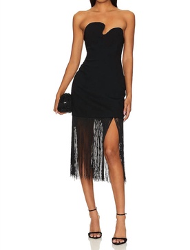 strapless puzzle dress with fringe in black