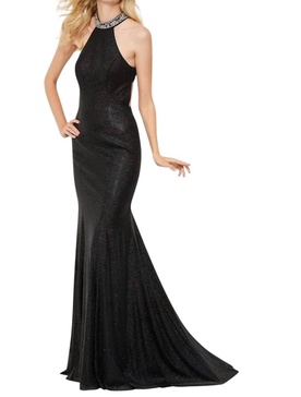 sequin halter prom dress in black