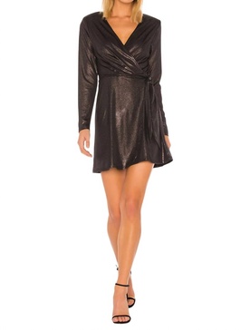 metallic wrap mini dress in black