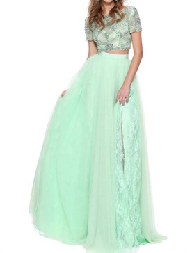 beaded tulle lace prom dress in light green