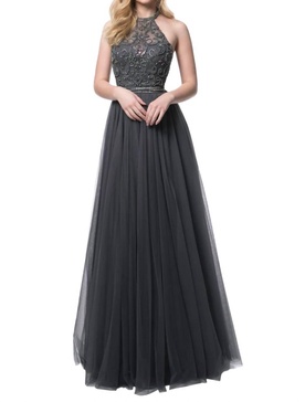 beaded halter tulle skirt prom dress in grey