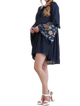 ruffled embroidered keyhole dress in navy