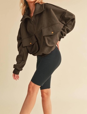 quarter zip fleece pullover top in brown