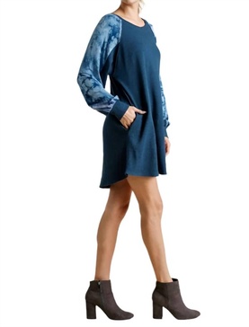 tie dye raglan sleeve waffle knit dress in blue