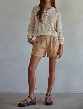 open knit henley sweater pullover in natural