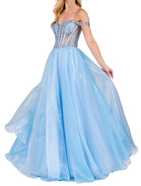 beaded off shoulder organza gown in baby blue