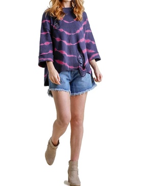 distressed tie dye sweater in navy/fuchsia