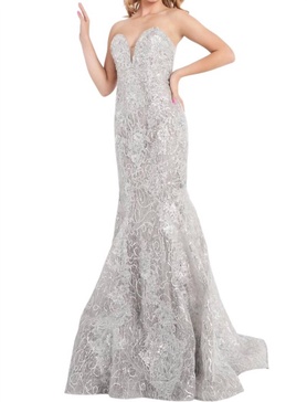 strapless embellished mermaid prom dress in silver