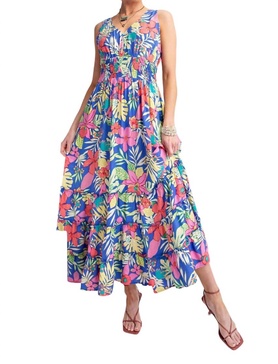 tropical print peach blossom maxi dress in peri blue