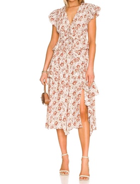 avia floral v-neck ruffle detail midi dress in red