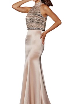 high-neck prom dress in pink champagne