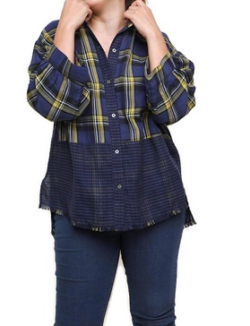 plaid & checkered frayed top in navy