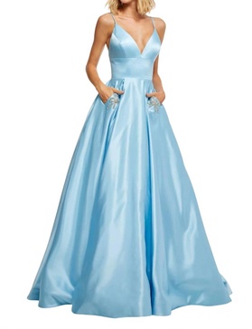 deep v-neckline beaded bow prom dress in light blue