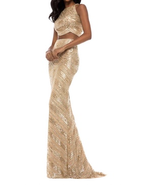 two-piece sequin prom dress in gold