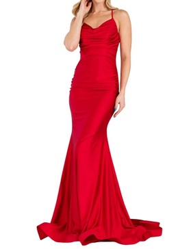lycra cowl neck mermaid gown in red