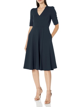 Donna Morgan Women's Dresses Stretch Crepe Elbow Sleeve V-Neck Fit and Flare Midi Dress