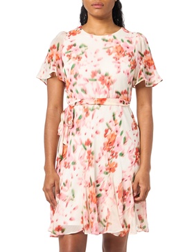 DKNY womens Belted Godet Sleeve Jewel Neck Dress