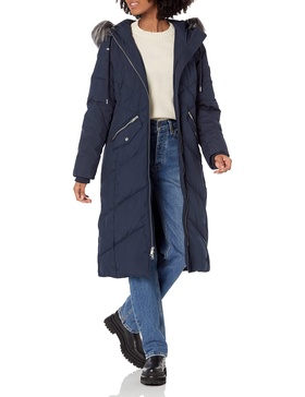 Andrew Marc Women's Chevron Quilted Hooded Long Coat