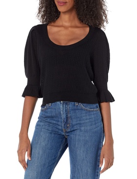 PAIGE Women's Magnolia Sweater Scoop Neckline Elbow Length Puff Sleeve in Black