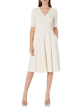 Donna Morgan Women's Stretch Crepe V-Neck Fit and Flare Dress